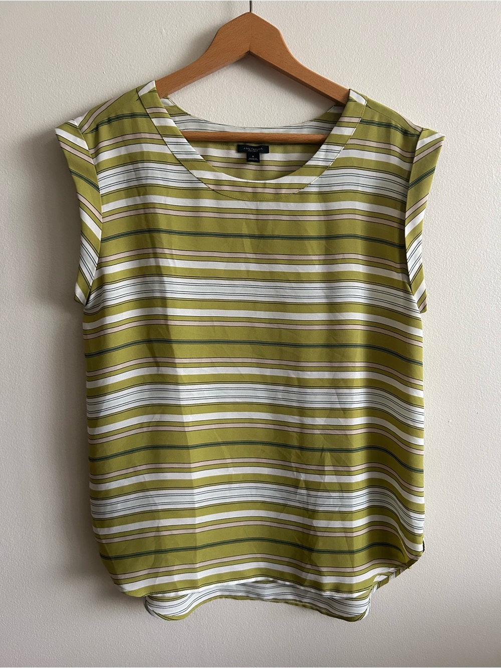 Ann Taylor Factory Olive & White Striped Cap-Sleeve Top